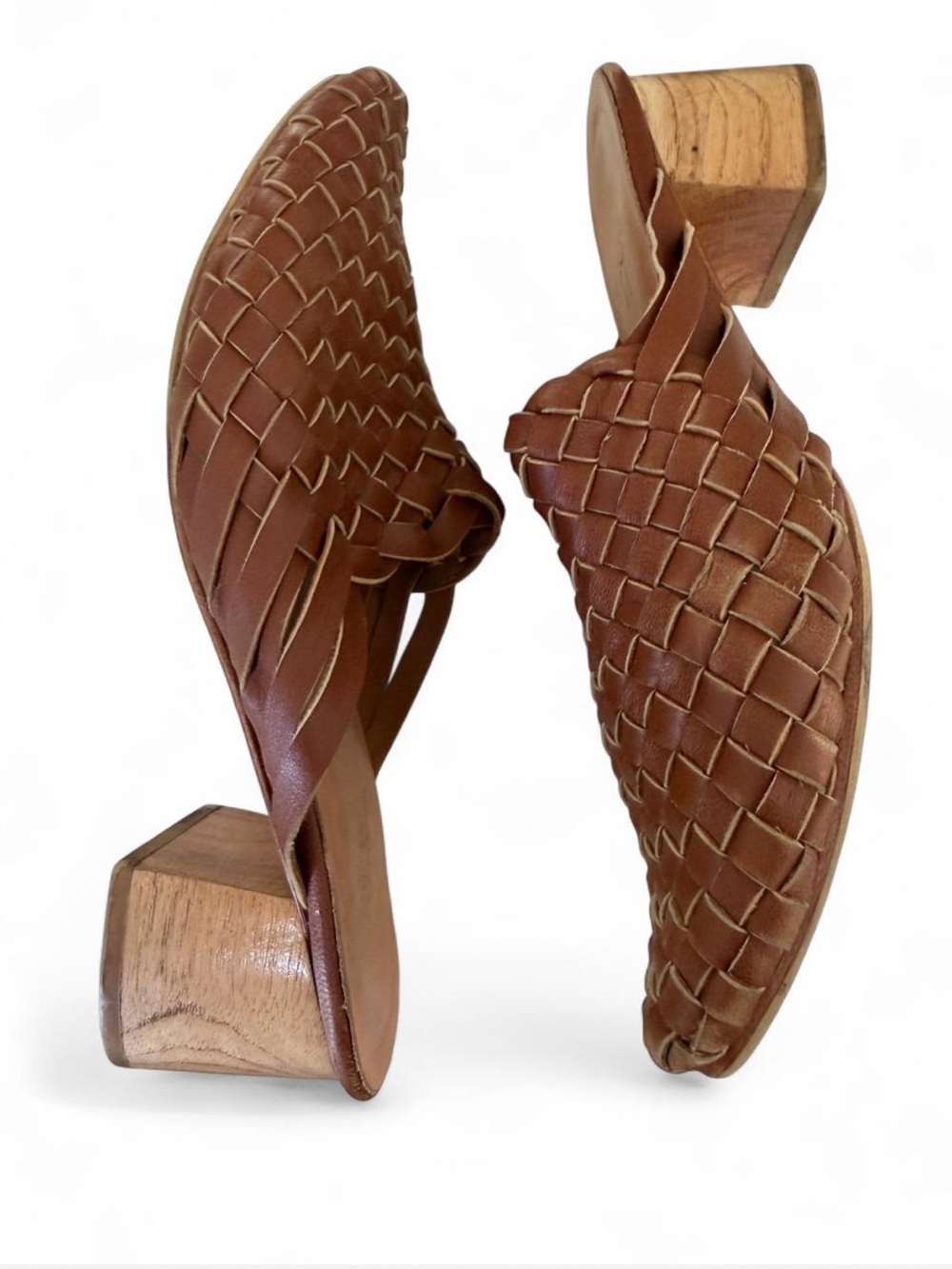 Village Thrive Cognac Woven Leather Block Heel Mules | Size 37 US size 7